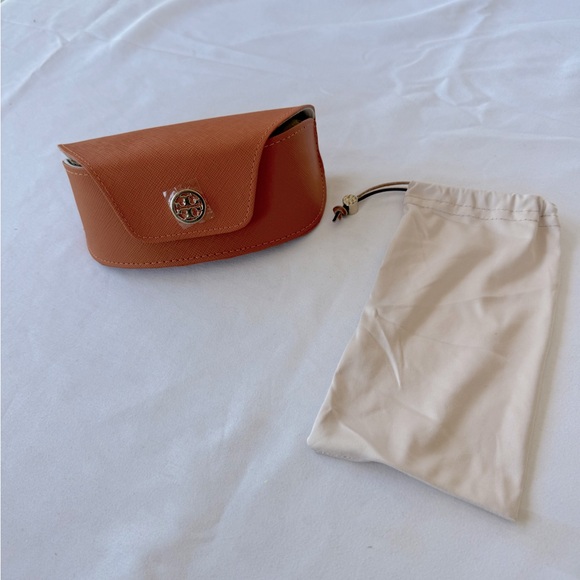 Tory Burch Sunglass Case & Cloth Pouch Gold Logo Orange - Picture 1 of 6